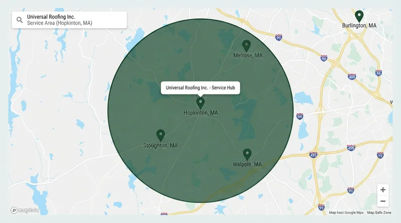 Service Area Map for Universal Roofing Inc